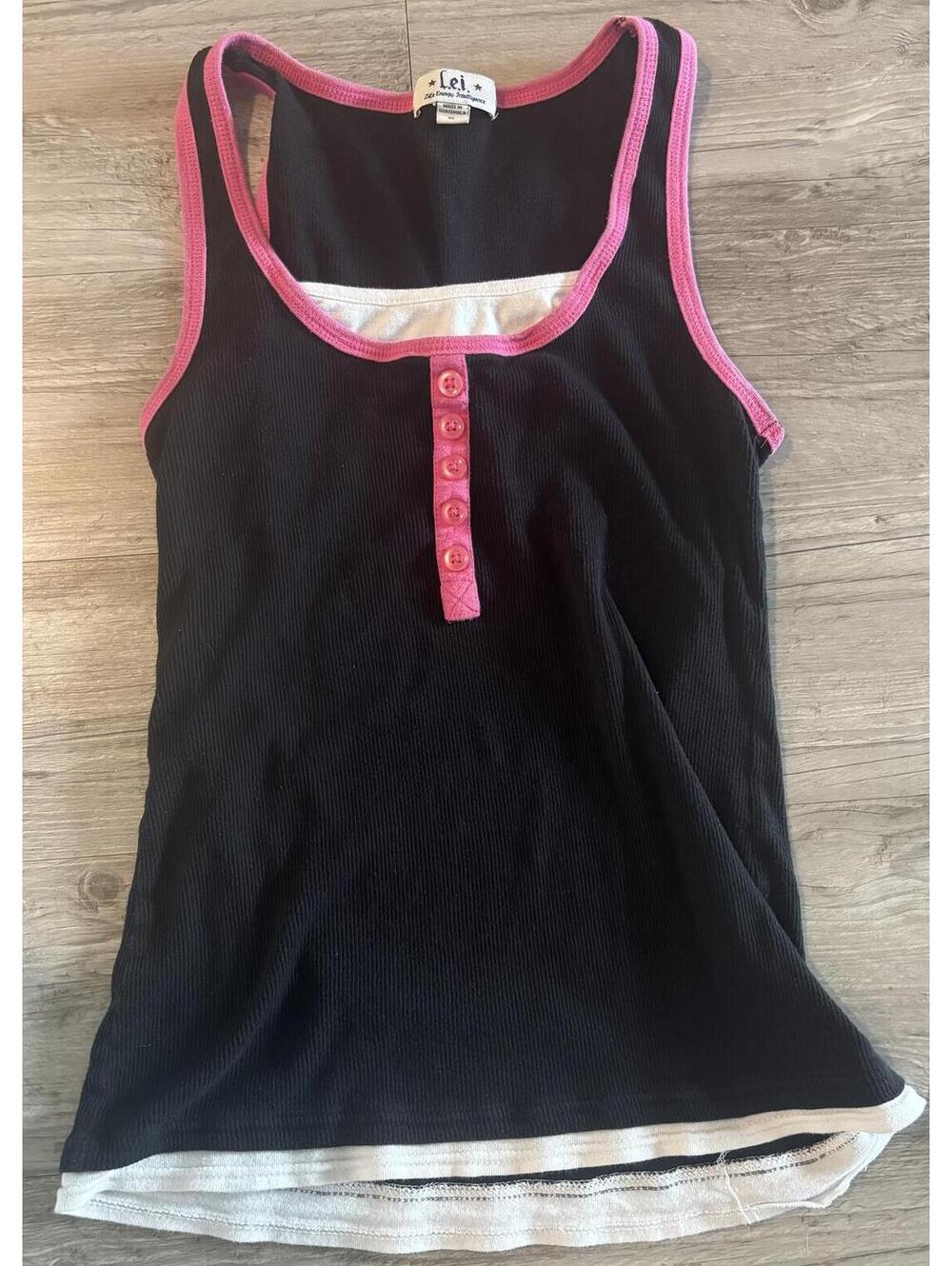 Lei Black and White Ribbed Tank Top with Pink Trim and Buttons XL